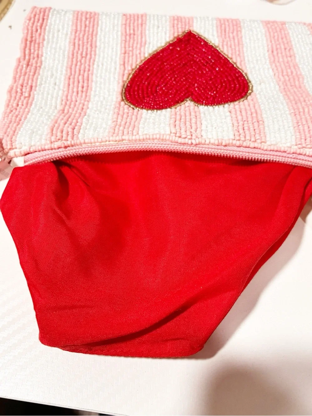 Made in India Pink White Stripe Red Hearts Beaded Clutch Wristlet